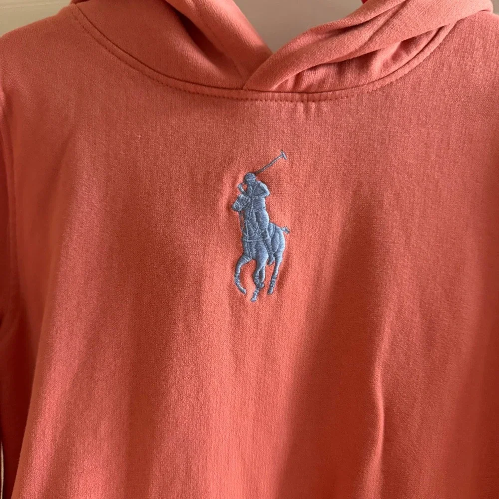 Polo Ralph Lauren Girls Coral Pink Hoodie Dress Blue Pony Logo Long Sleeve 12/14